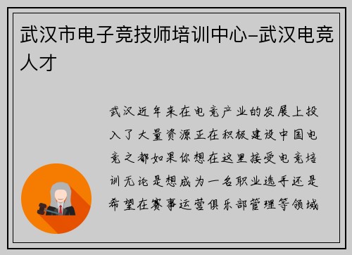 武汉市电子竞技师培训中心-武汉电竞人才